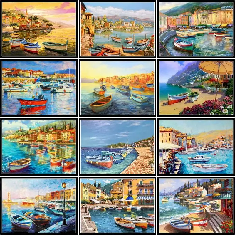 

GATYZTORY Oil Painting By Numbers Seaside Scenery Diy Pictures By Number House Boat Paint On Canvas Diy Home Decoration