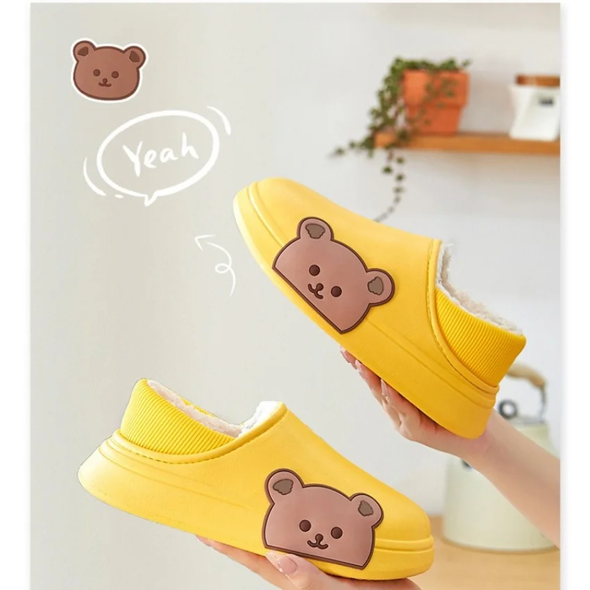 Cotton Fuzzy Slippers Women Home Winter Warm Plush Indoor Ladies Shoes Slides Cartoon Bear Female Kawaii Waterproof Slippers Men