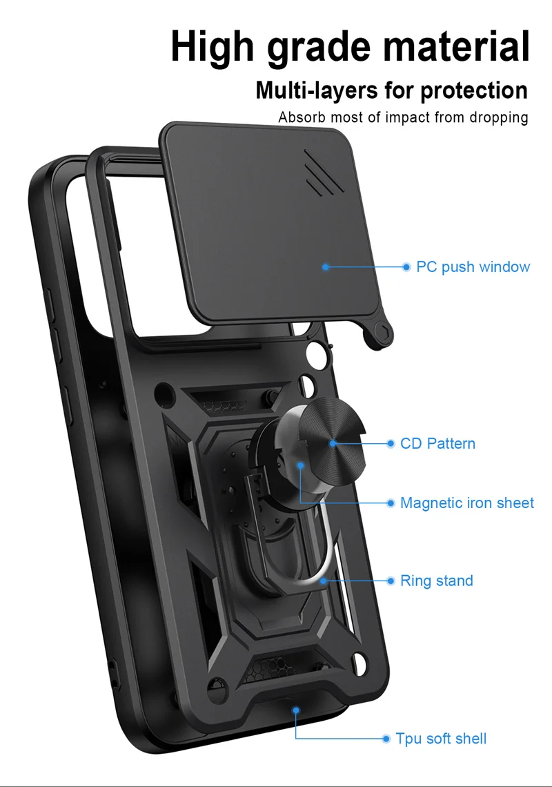 Lens Slide Armor Protection Phone Cover with Car Magnetic Ring Stand