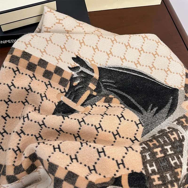 2024 Imitation Cashmere Soft Horse prints Print Scarf Women  Pashmina Wraps Hijab and Wraps Female Echarpe Scarves Luxury Brand