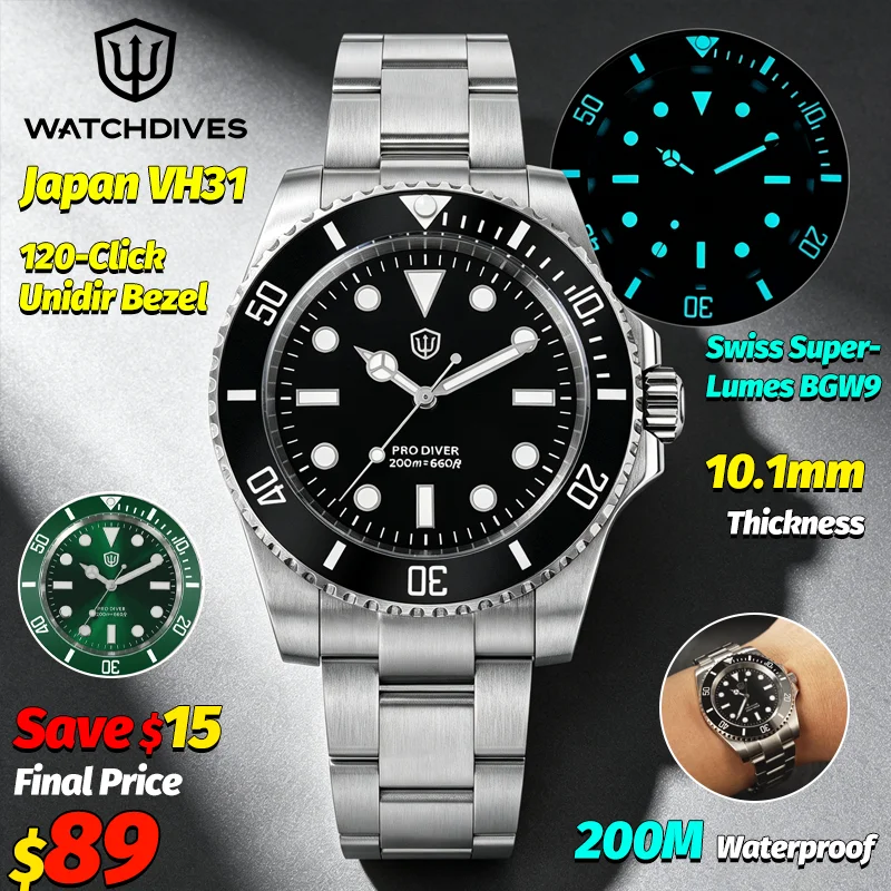 Watchdives WD1680Q V2 Orologio Nero VH31 Sweep Quartz con Lunetta in Ceramica, Vetro Zaffiro AR, Luminoso BGW9, Impermeabile 200M, Orologio da Polso da Uomo in Acciaio