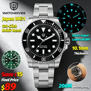 Watchdives WD1680Q V2 Orologio Nero VH31 Sweep Quartz con Lunetta in Ceramica, Vetro Zaffiro AR, Luminoso BGW9, Impermeabile 200M, Orologio da Polso da Uomo in Acciaio