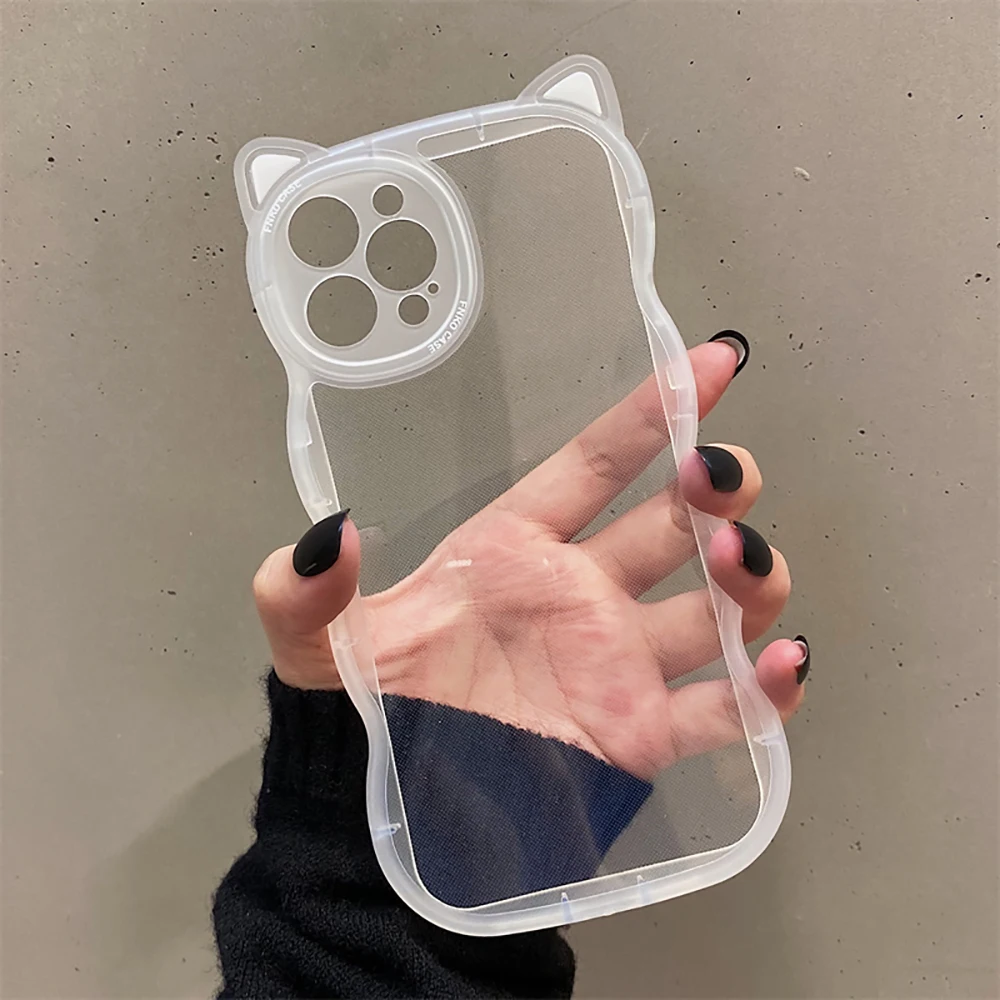 Cute Cat Ear Curly Wave Transparent Case For iPhone 11 13 12 Pro Max XS XR X 7 8 Plus Cartoon Shockproof Clear Soft Back Cover 9
