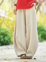 2024 Cotton Linen Bloomers Wide Leg Pants Women Vintage Full Length Fashion Elegent Pants Solid Elasitic Waist Spring Autumn 5XL - Image 2