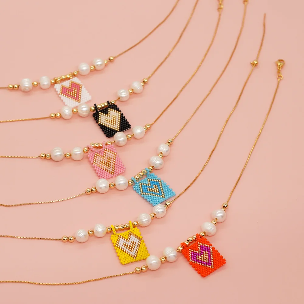 

Ожерелье с рисовой бусиной, жемчужное, в форме сердца, оригинальный дизайн, ручная вязка, богемное регулируемое модное простое ожерелье из бисера