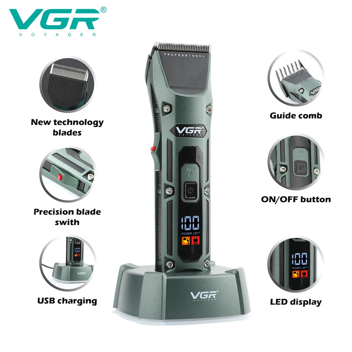 VGR Trimmer Cordless Cutting hine Professional Hair Electric Barber Digital Display Clipper for Men V-696_voghion.com