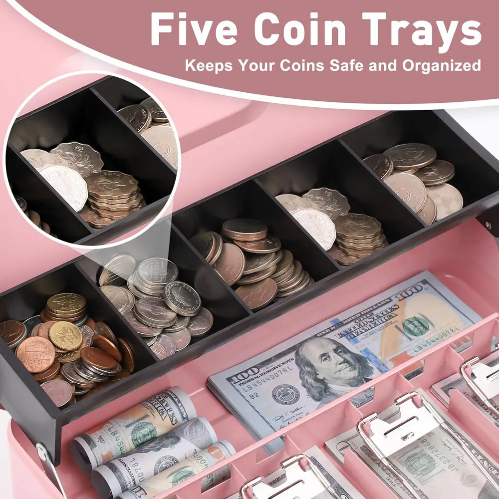 대용량 고강도 금속 현금함(1개) - 지폐 4칸, 동전 5칸, 계층형 현금함, 튼튼한 열쇠 보관함