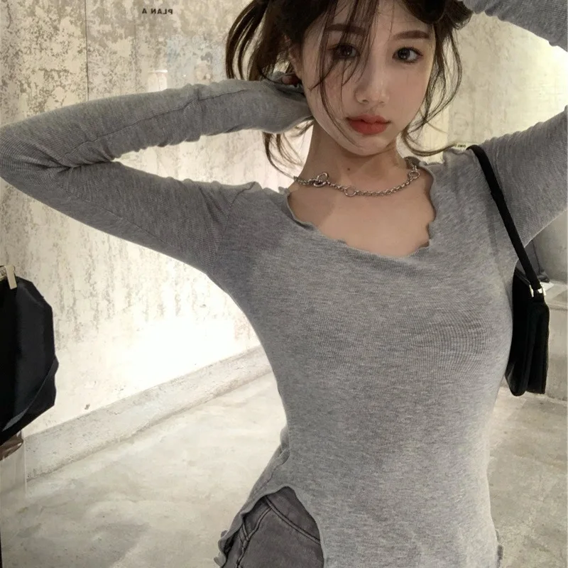 Long Sleeve T-shirts Women Fungus Line Irregular Hem Knitted Slender Autumn Bottoming Tees Chic Fashion Sexy Solid Ulzzang New
