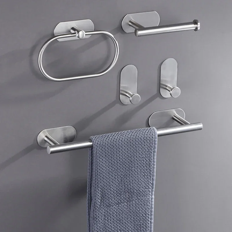 American Towel Ring 304 Stainless Steel Punch-free Towel Rack Round Square Pendant Bathroom Toilet Ring Roll Hanger Set
