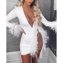 

European And American-StyleinsNew round Neck Mesh Stitching Feather Decoration Slim Dress Bar Stage Performance Costume