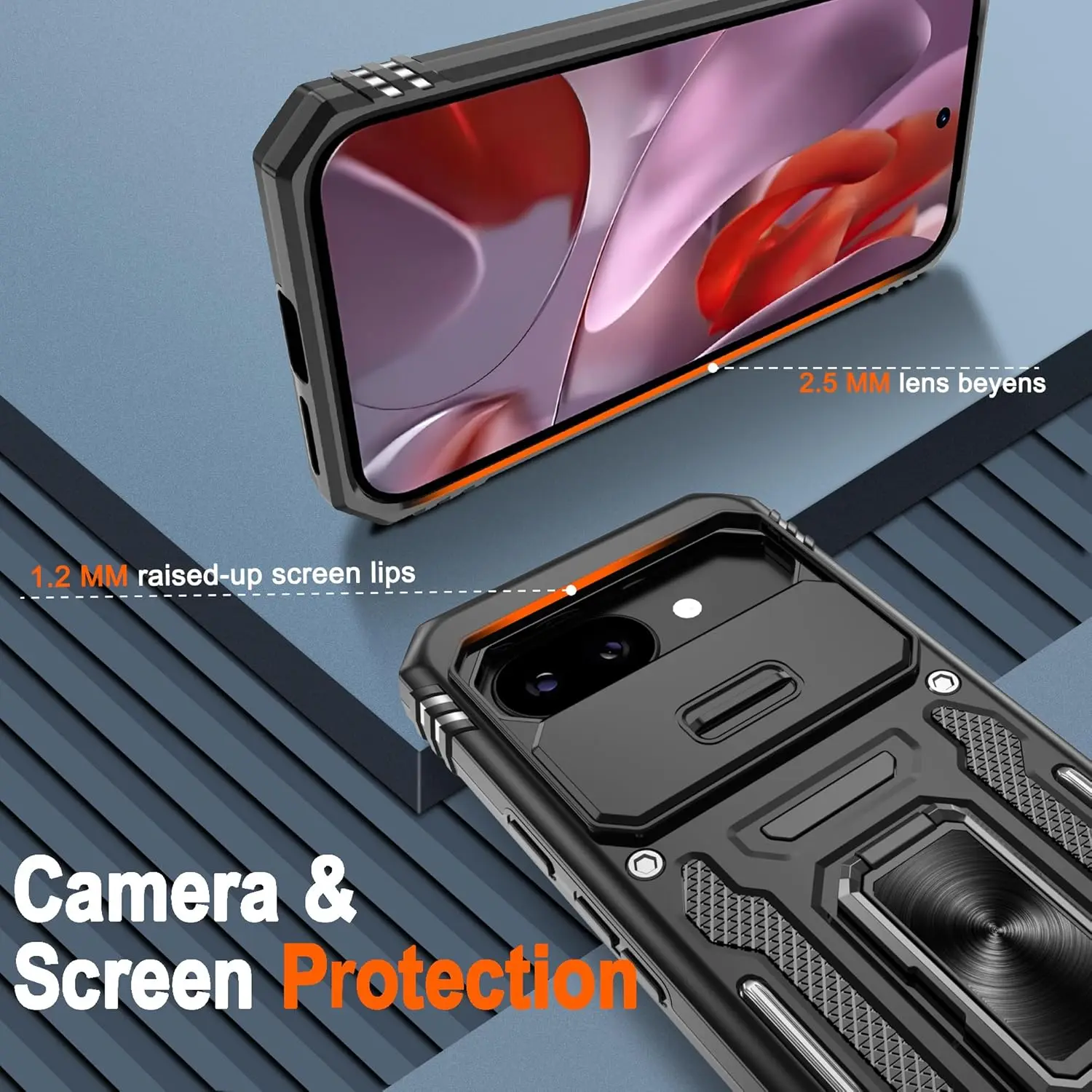 Rugged Military Grade Shockproof Kickstand Case with Slide Lens Protector