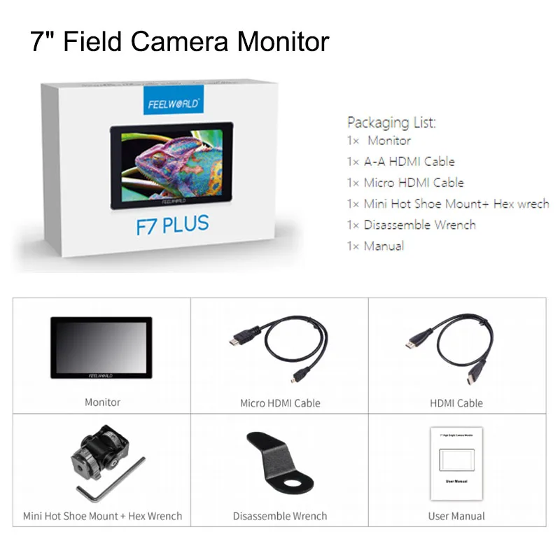 FEELWORLD F7 PLUS 7-Inch DSLR Camera Field Monitor Touch Screen 4K HDMI High Brightness 1200nit NP-F External Install and Power