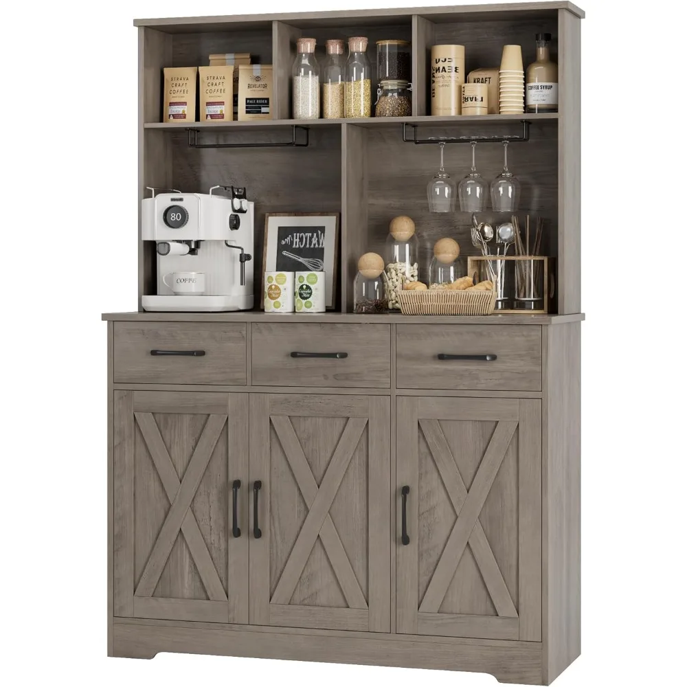 Buffet Cabinet with Hutch, Modern Farmhouse Kitchen Buffet Sideboard Storage Cabinet with 3 Drawers, Barn Door Coffee Bar