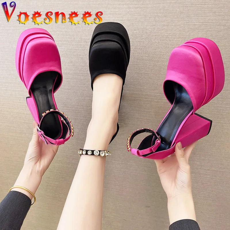 

Voesnees 2022 New Ankle Rhinestone Women Pumps Fashion Shopping Square Toe Summer Casual Shoes Silk Thick Heel Outdoor Sandalias