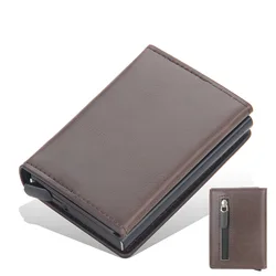 Sleek RFID Blocking Leather Card Holder with Magnetic Buckle (Coffee with Zipper)
