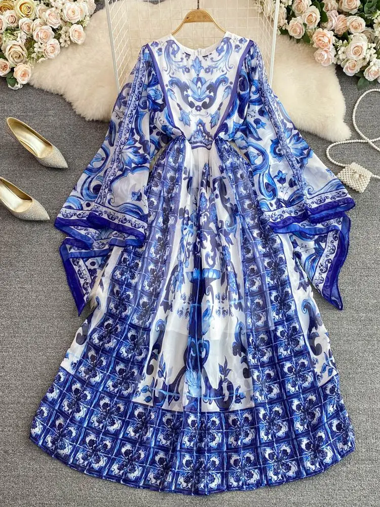 TrendAura Silk Chiffon White Printed Dress For Summer Events With Oversized Hem And Bracelet Sleeves main image 0
