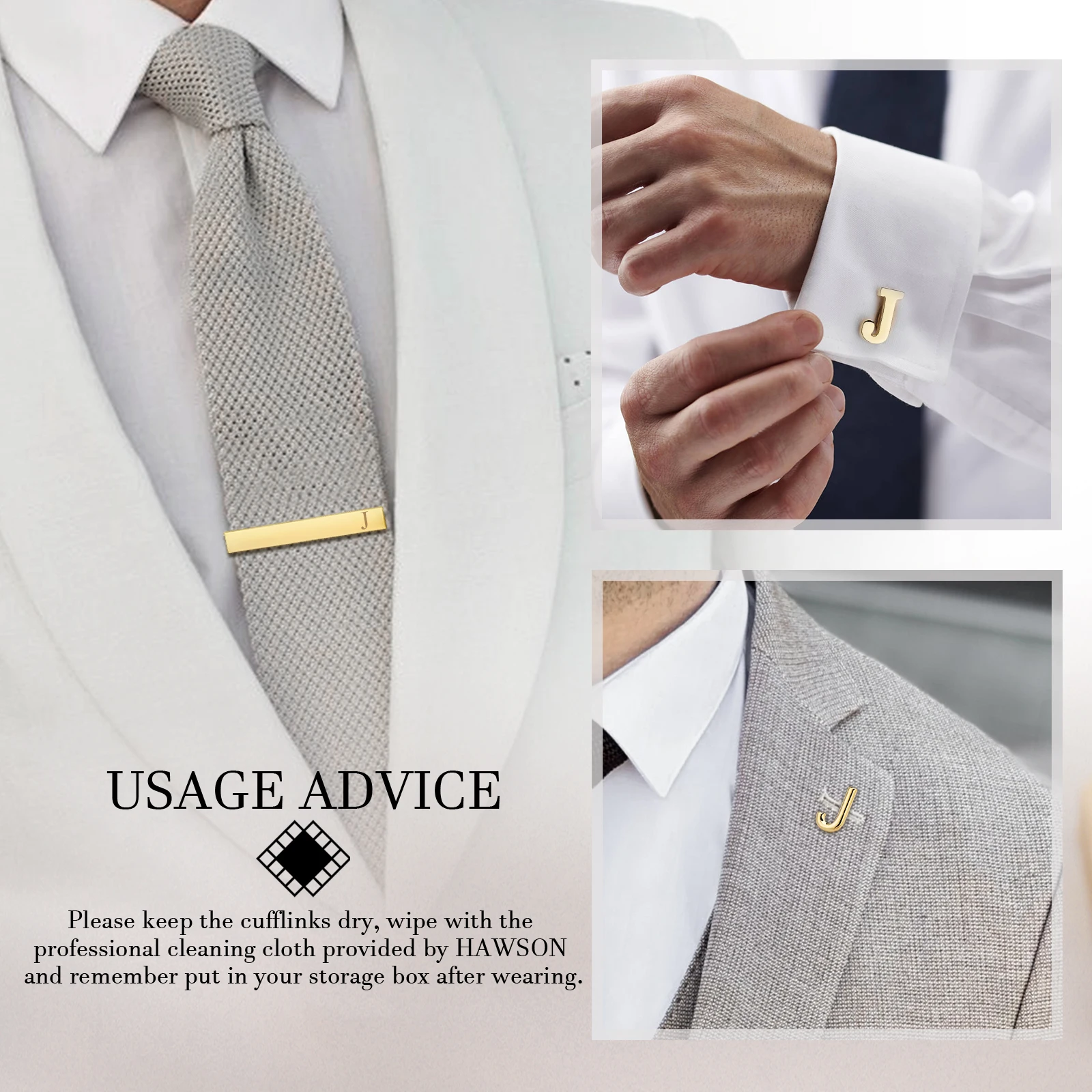 HAWSON (A-Z) Cufflinks for Men, Tie Clips for Boys, Tie Pin for Men, Gold Color Jewelry Set