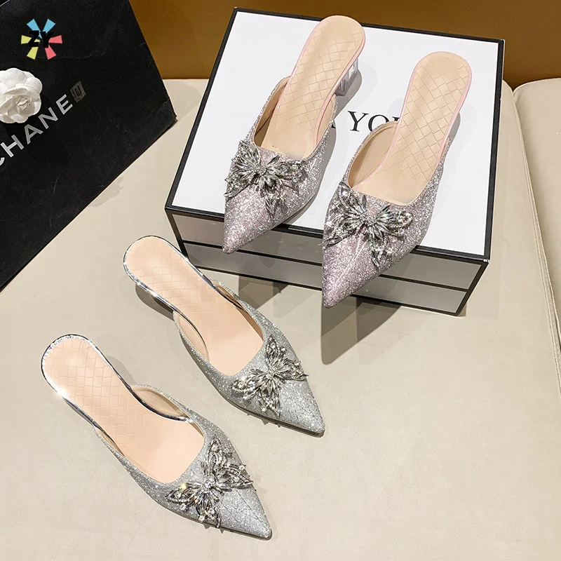 

Summer New Fashion Sexy Pointed Women's Slippers with Rivets High Heels and High Quality Coating