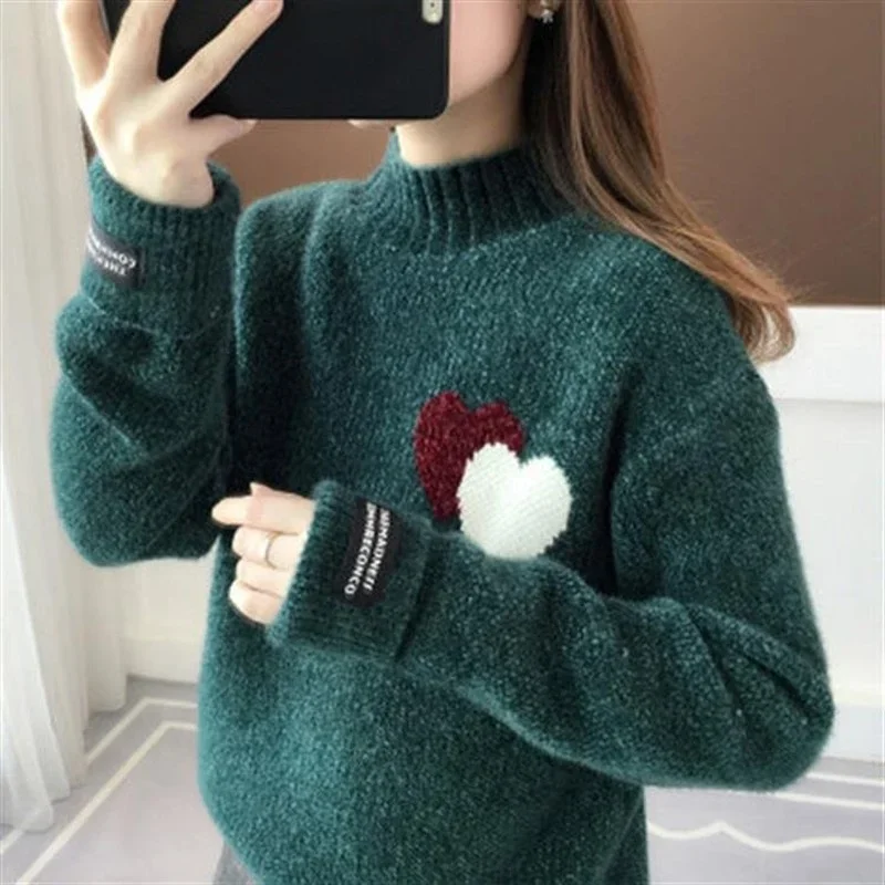 

Women's Autumn Winter Sweater Loose Thick Pullover Female Love Heart Embroidery Sweaters Turtleneck Knitwear Lazy Knitted Jumper