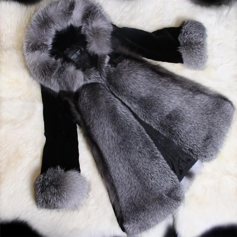 European Station Women's Faux Fur Overcoat Coat Jackets 4XL Fashion Hooded Thick Fur Large Fur Collar Winter Long section