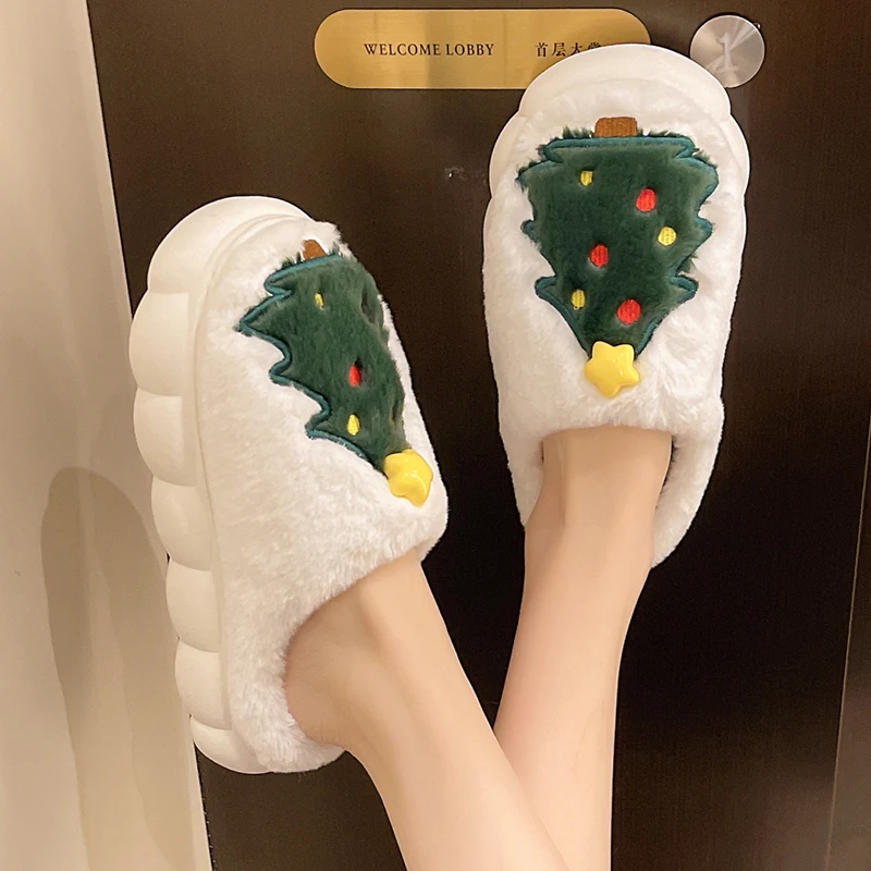 Christmas Tree Decor Cotton Slippers Women Indoor Warm Thick Plush Platform Slides Woman Comfy Non Slip Soft Fluffy Fur Slippers
