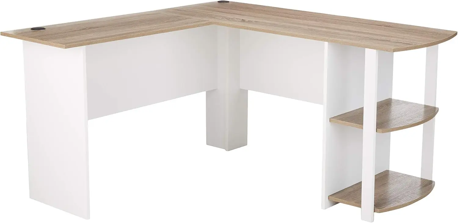 Dakota L-Shaped Desk with Bookshelves, White/Sonoma Oak
