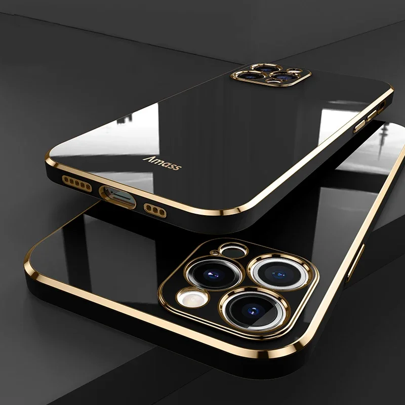 thumbnail image 1 of Luxury Square Silicone Plating Phone Case For IPhone 14 11 12 13 15 Pro Max Mini Plus XR X XS Max Solid Color Soft Cover Coque, 1 of 5