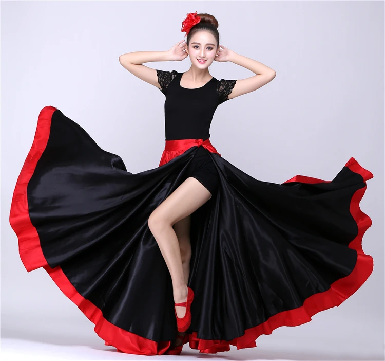 Gonna Da Ballo Lunga Rosso Satinato Per Danza Del Ventre E Spagnola – Ampio Altalena, Vita Elastica, Taglie 180/360/540/720 Gradi
