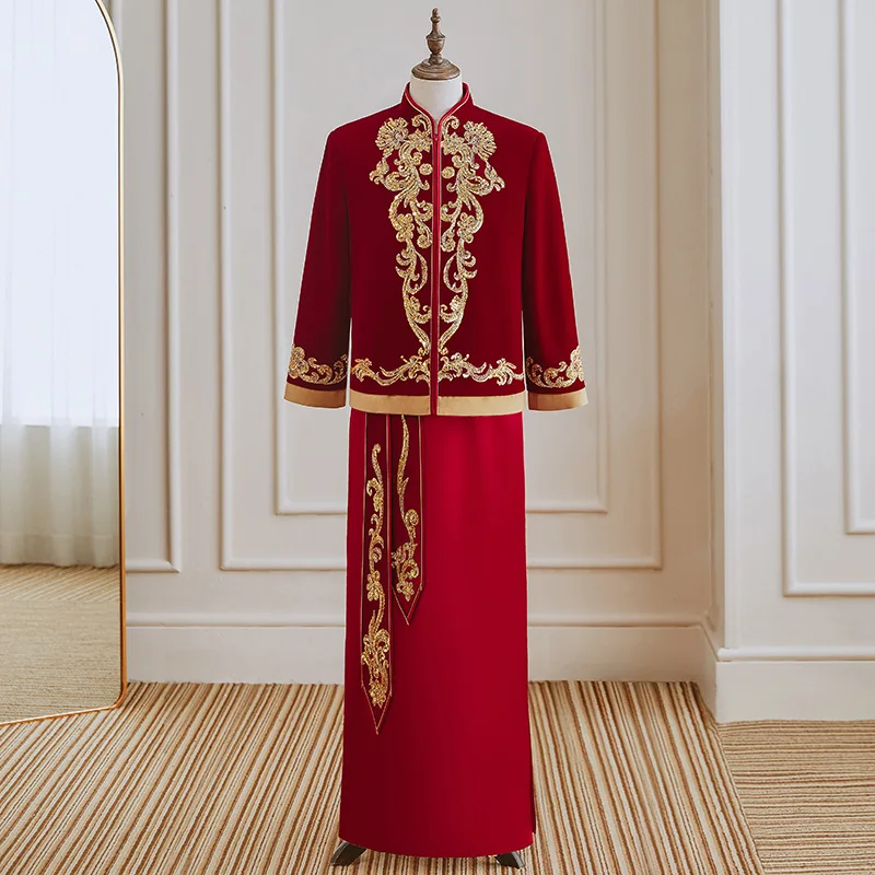 Velvet Xiuhe China Trend Men's Wedding Chinese Groom Tops + Gown Robe Ancient Wedding Dress Guangdong Embroidery Autumn Winter