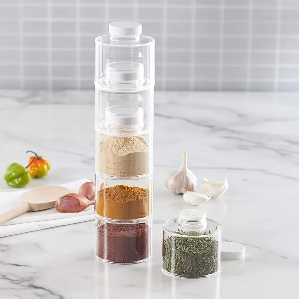 Portaspezie impilabile, Set di 6 barattoli di spezie torre, spezie da cucina salvaspazio con coperchi, per erbe aromatiche, condimenti, spezie  15