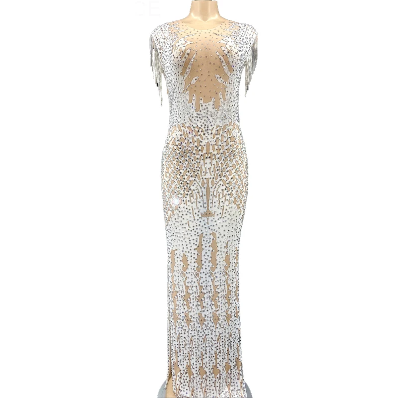 

Rhinestone Women Sexy Sparkly Crystals Chain Mesh Perspective Long Dress