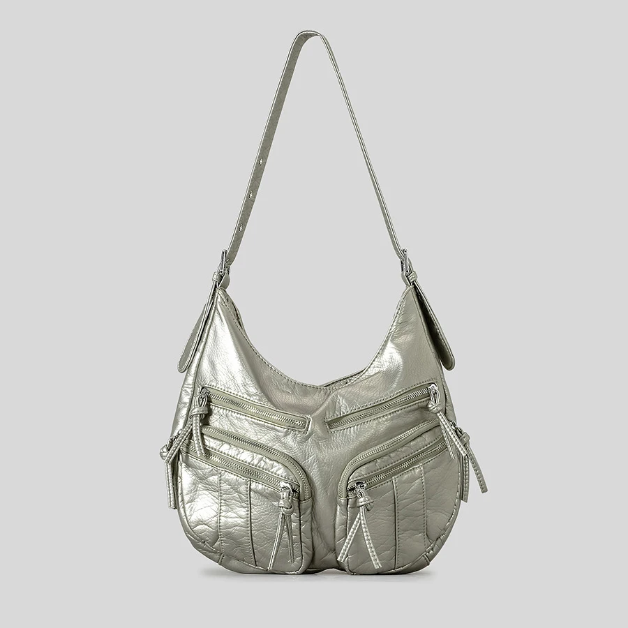 【IONSEOUL】Moto Vintage Shoulder Bag 4FM276 Vintage Multiple Pockets Motorcycle Bag Hobos Women Shoulder