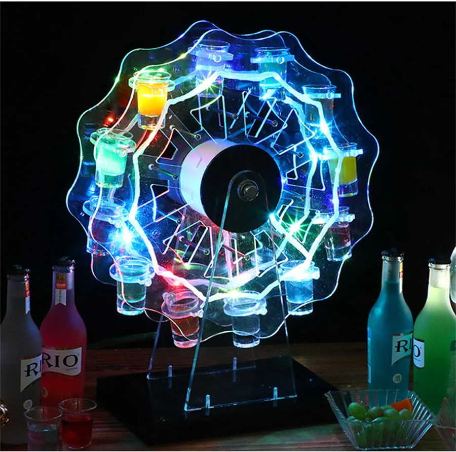 

Ferris Wheel Acrylic LED Wine Glass Display Holder 12 Cup cocktail glass led shot cup holder Rechargeable Light Up Serving Tray