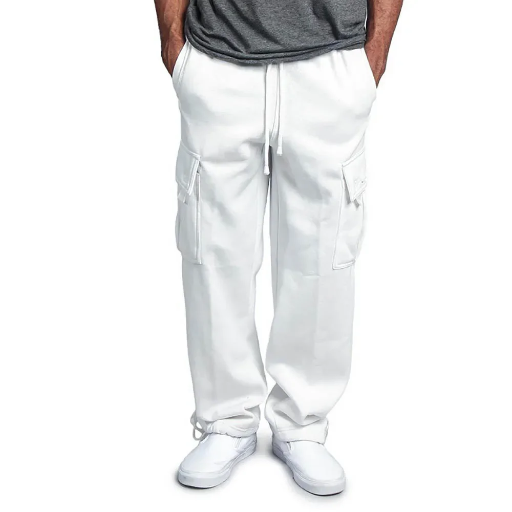 

Fleece Men's Sweatpant Multi-pocket Cargo Pants Loose Casual Straight-leg Overalls Male Solid Color Sweatpants