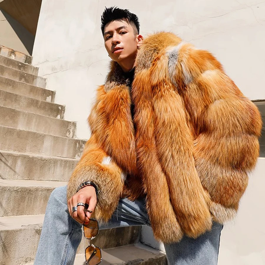 Men's Real Fur Coat Winter Natural Fox Fur Jacket Short Natural