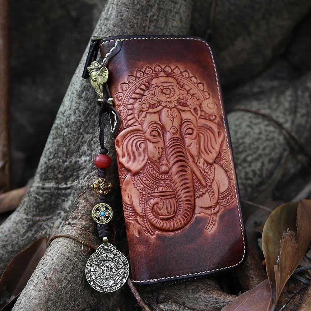 

2024 New Luxury Women Wallet Vintage Handmade Genuine Leather Carved Men Long Cowhide Wallets Card Holder Phone Purses