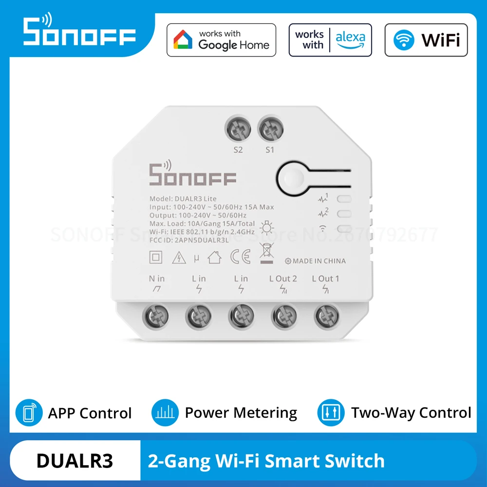 Mini Switch Inteligente Gang Wi-fi Smart Home Ewelink Medição de Potência Way Controle de Voz Suporta Alexa e Google Sonoff-dualr3