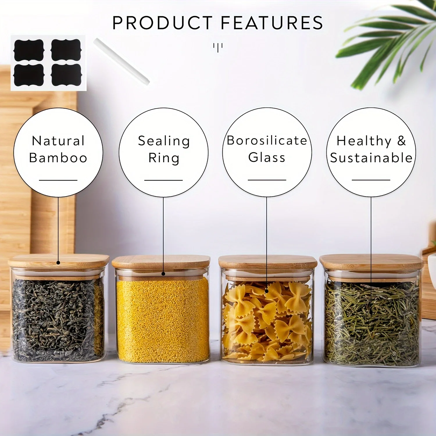 420ml Square Glass Food Storage Tank Kitchen Seasoning Tank 2/4/6-Piece Food Container Set Sealed Bamboo Wood Cover Waterproof Sticker Pen Suitable Pasta Biscuits Nuts Coffee Beans Cereals Bpa Not Included