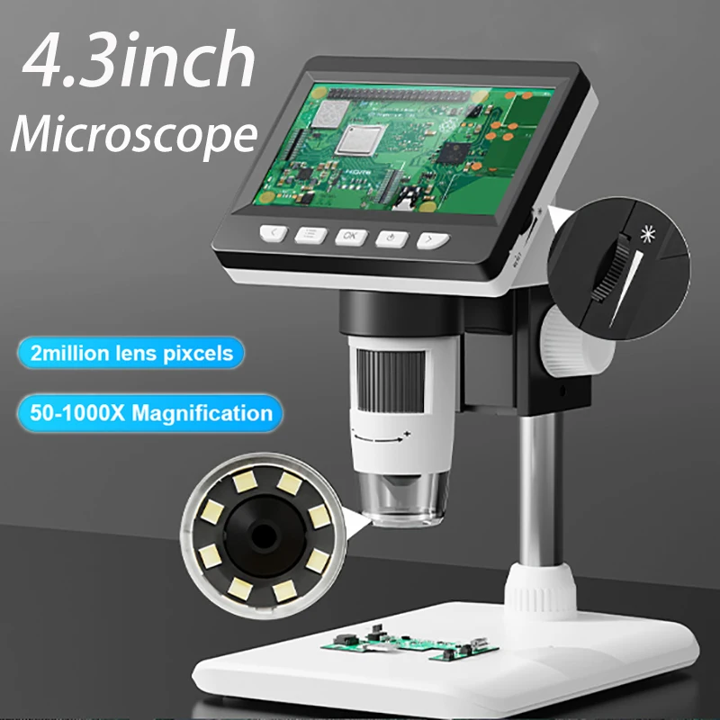 4.3인치 IPS 스크린이 장착된 디지털 현미경 1600X 코인 현미경 2MP USB 전문 전자 현미경(시계 PCB 수리용)