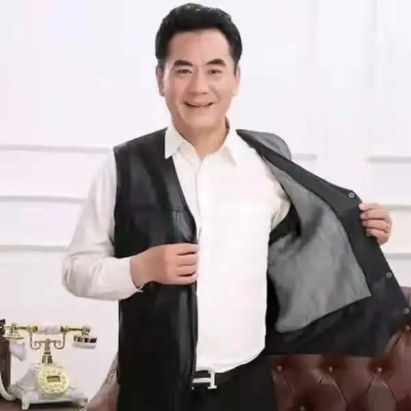 New Men's Leather Vest Thiened Fce Lined Winter Sle Genuine Leather Jaet Busin Casual Straight Hem V-Ne Coat