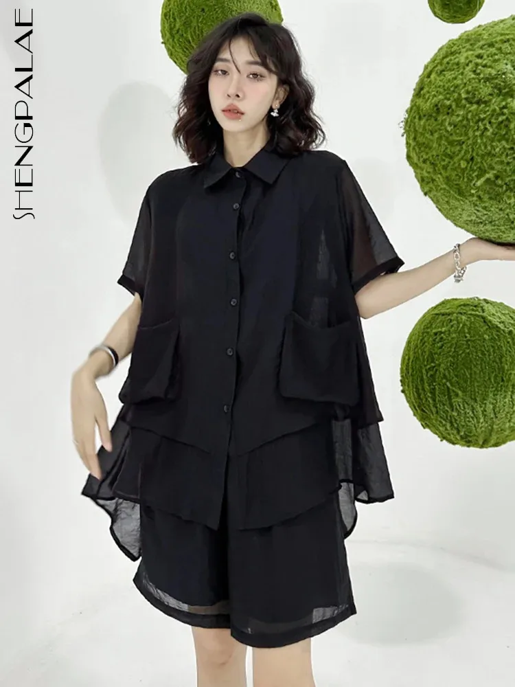 

Женский костюм из двух предметов SHENGPALAE, черная тонкая рубашка с широкими штанинами и шортами с отложным воротником и коротким рукавом, весна-лето 2024, 1DH6074