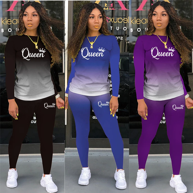 Two Piece Set Women Tracksuits Sets Queen Printed Hoodie Pants Sweatshirt Set Sports Suit For Women Clothing