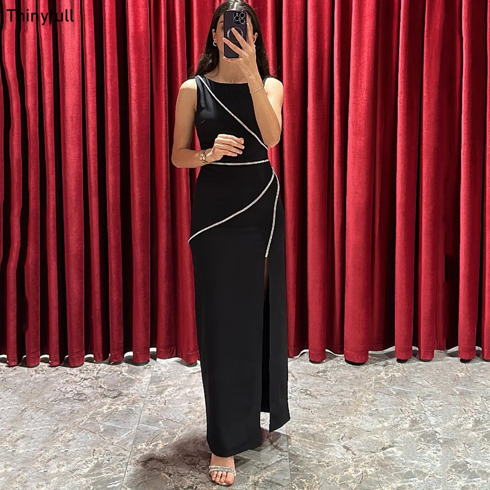 

Thinyfull Black Mermaid Prom Dress O-neck Sleeveless Evening Party Dresse Split 2023 Saudi Arabric Formal Occasion Gowns