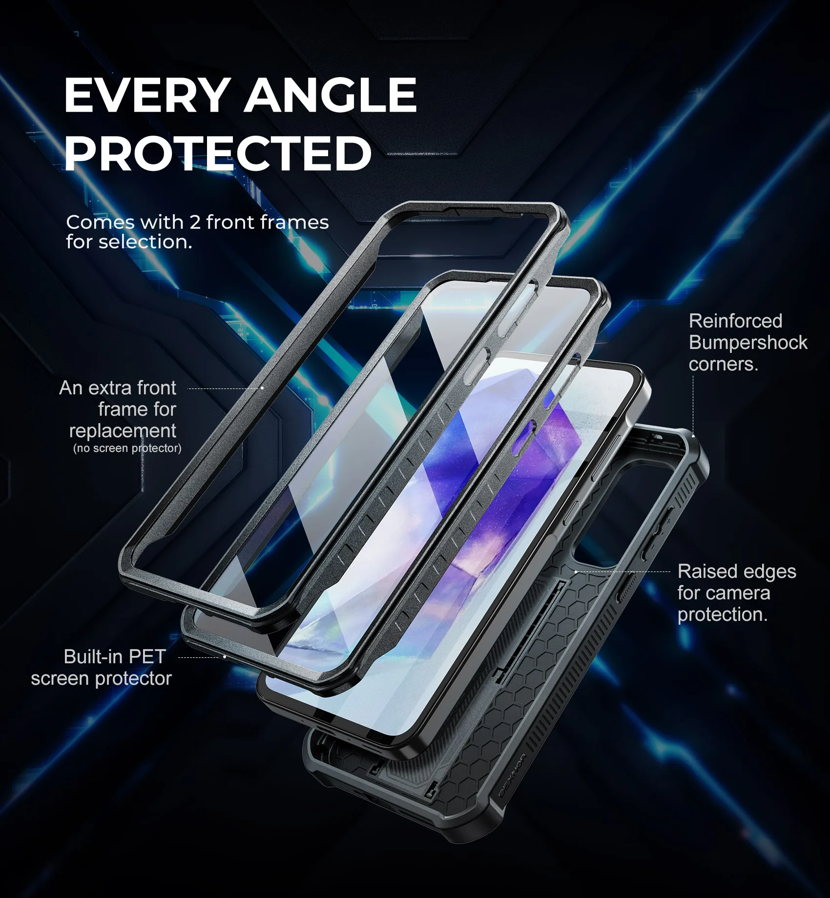 Dexnor Full Body Rugged Case with Camera Cover, Built-in Screen Protector, and Kickstand