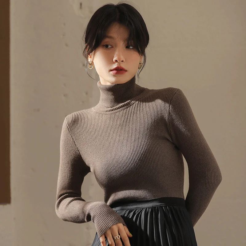 

High Elasticity Slim Fit Short Top Knitted Autumn Slimming Pullover Versatile Women Turtleneck Sweater Inner Match Bottom Shirt