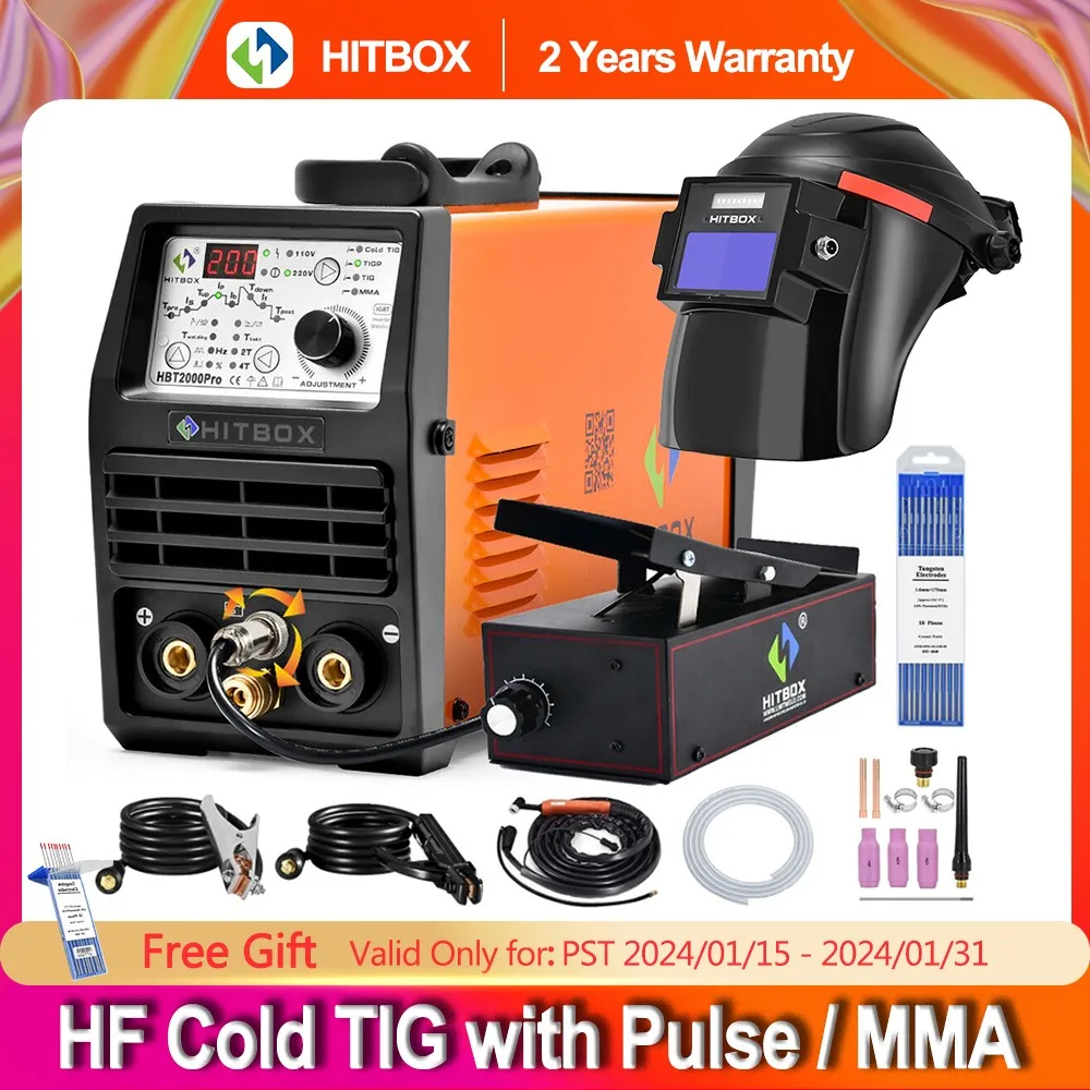 HITBOX TIG Welding Machine, Hot/TIG/Pulse Cold TIG Welder, 200A High Frequency DC Inverter 2T/4T TIG MMA Welder for Thin Plate