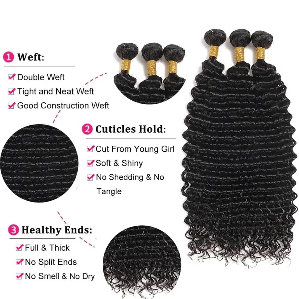 Deep Wave Bundles Human Hair Bundles Brazillian Hair Extensions 30 Inch Curly Wave Soft For Women