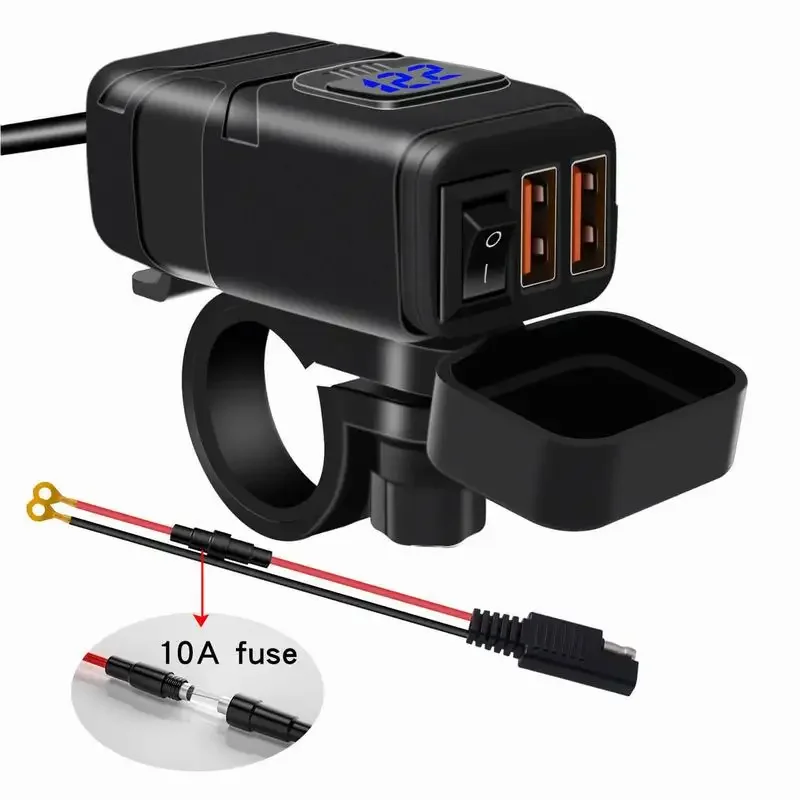 

12V Motorcycle Handlebar Charger Waterproof Dual USB Port With Voltmeter Quick Charger 3.0 Adapter Port Motorbike Phone Charging