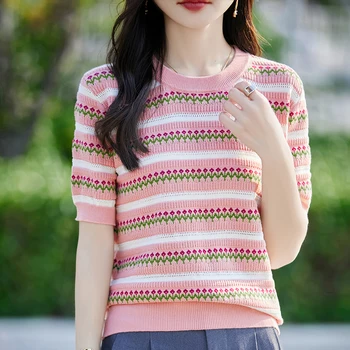 Summer Thin Knitted Short-Sleeved T-Shirt With Women's 100% Cotton Printed Half-Sleeve Loose Bottoming Shirt 1