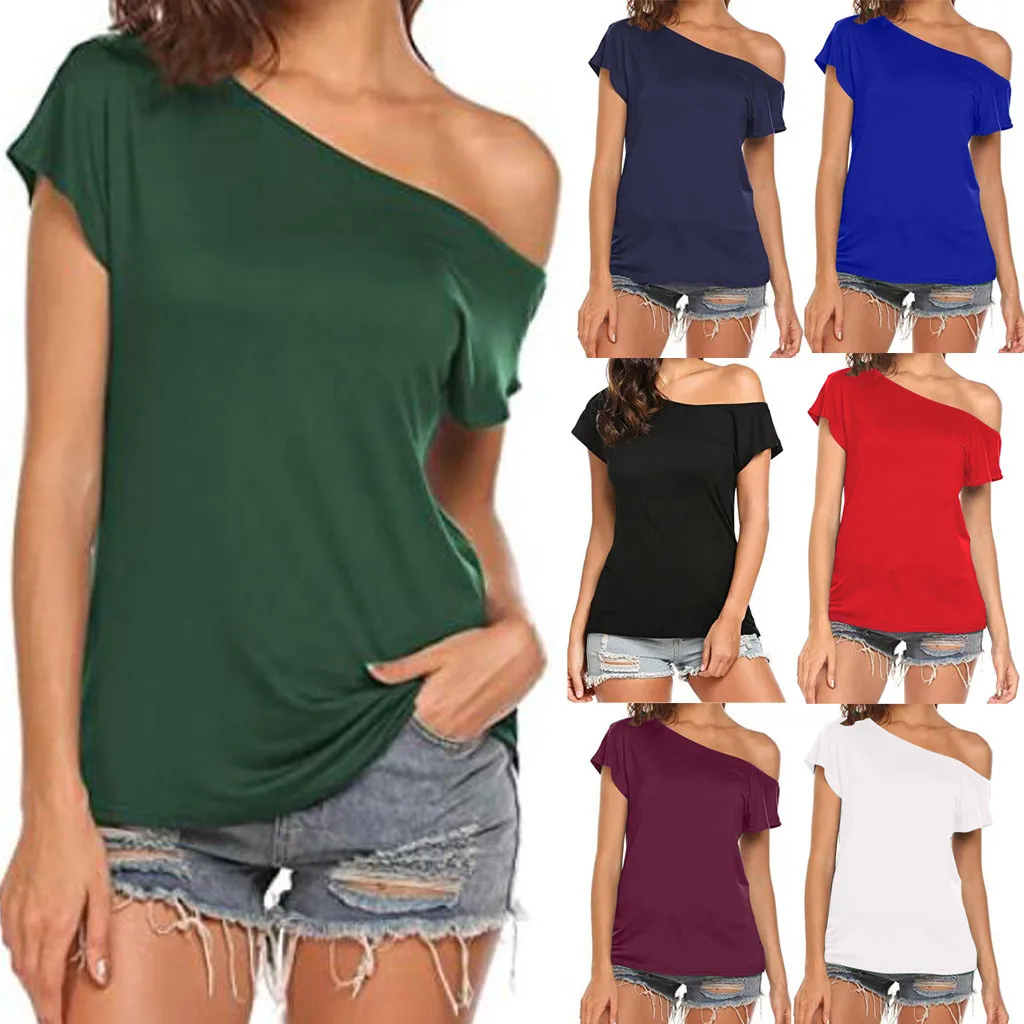 

Fashion Off Shoulder T-Shirt Casual Women tshirt Solid Loose Tops Ladies Summer Tops Female Short Sleeve Shirt Blusas Pullover